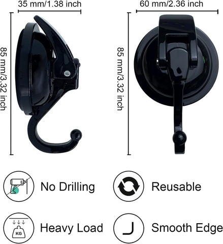 Heavy Duty Vacuum Suction Cup Hooks, ABS Plastic and TPU Rubber Shower Hooks, Bathroom Robe Hooks, Reusable, No Hole Punched, for Garland Decoration (Black, 2 Pack)