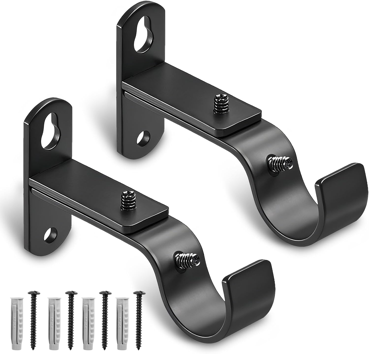 Adjustable Curtain Rod Brackets, Metal Window Drapery Rod Hanger Holders Hooks for 1 inch Rods (Black, Set of 2)