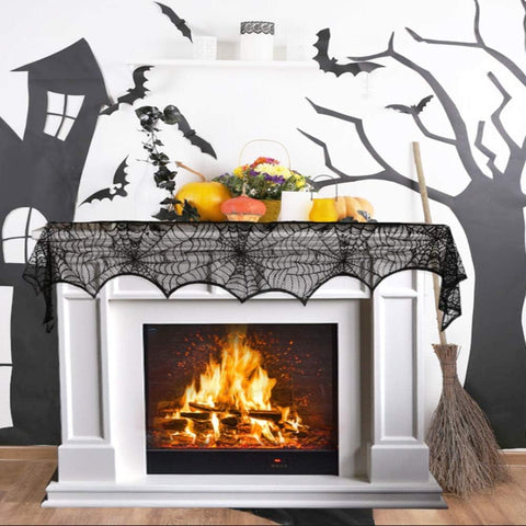 Halloween Cobweb Fireplace Scarf, Black Lace Spiderweb Mantle Scarf for Halloween Home Party Supplies, 18 x 96 inch