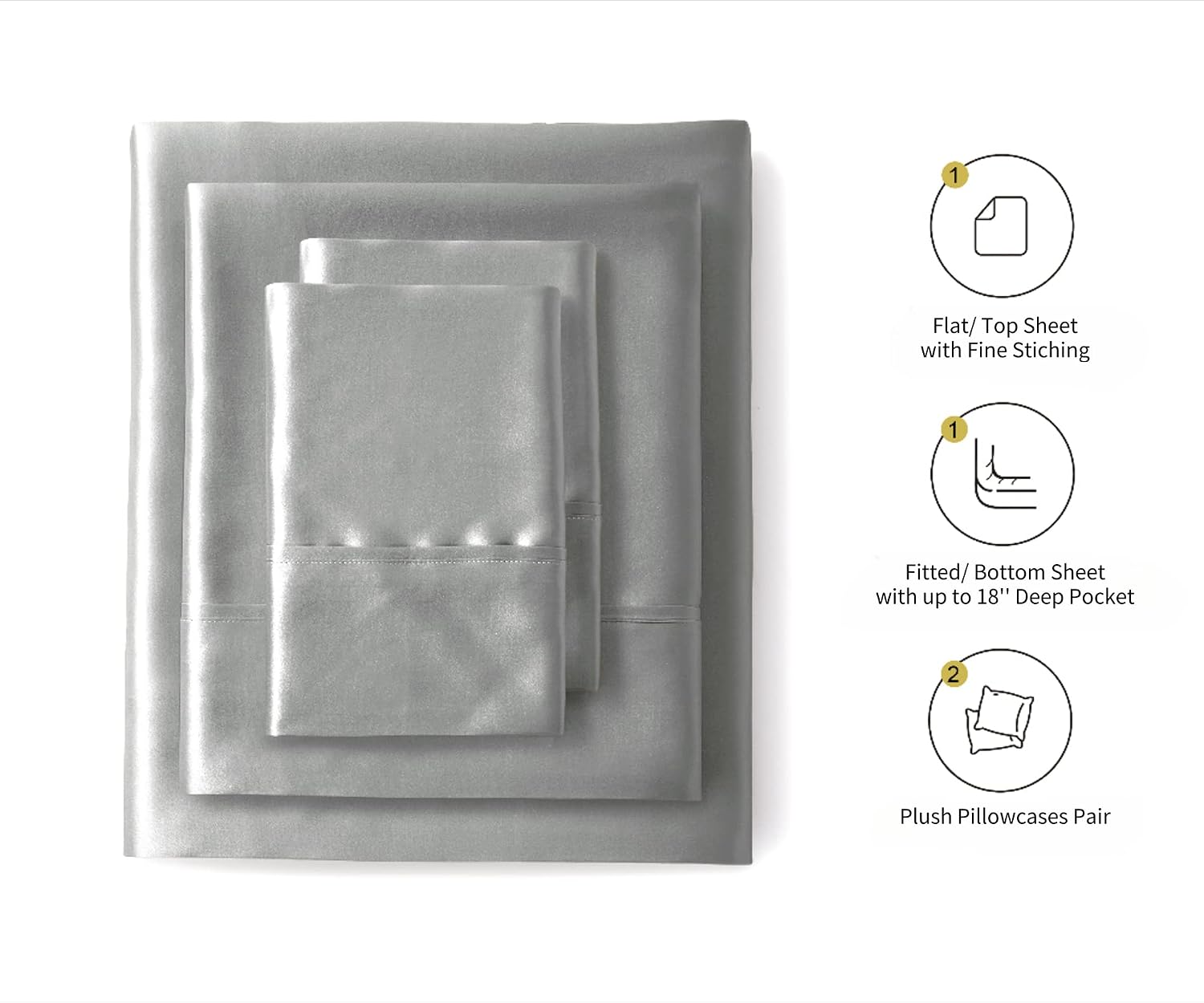 Silk like Satin Sheets, Queen Size Bed Sheet Set, Light Gray, 4 Piece