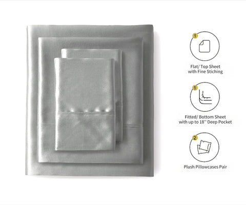 Silk like Satin Sheets, Queen Size Bed Sheet Set, Light Gray, 4 Piece