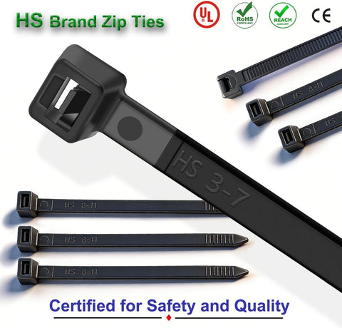HS Thick Zip Ties 8 Inch x 3/16" (Bulk-500 Count) UV Black Cable Tie