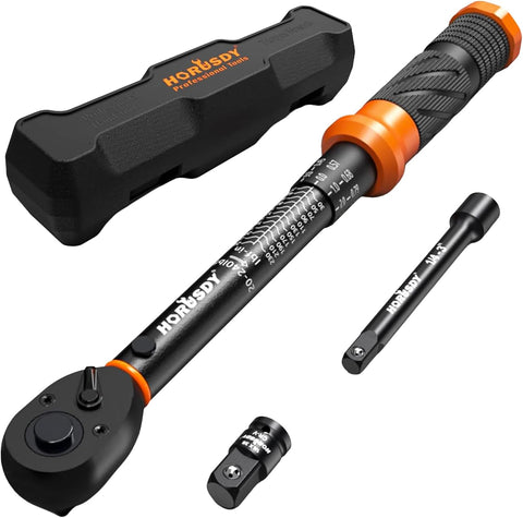 HORUSDY 1/4" Torque Wrench 4PCS Set, 20-240 in-lb Click Torque Wrench with 3" Extension Bar & 1/4" to 3/8" Adapter, Cr-V Inch Pound Torque Wrenches for Bike, Motorcycle & Small Engine Repair