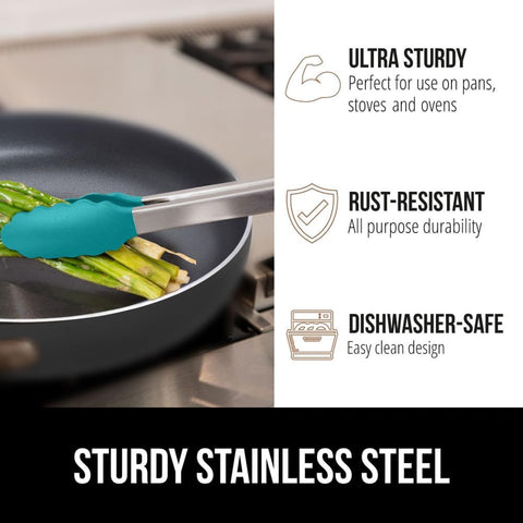 GORILLA GRIP Stainless Steel Kitchen Tongs for Cooking, 2 PK, Turquoise