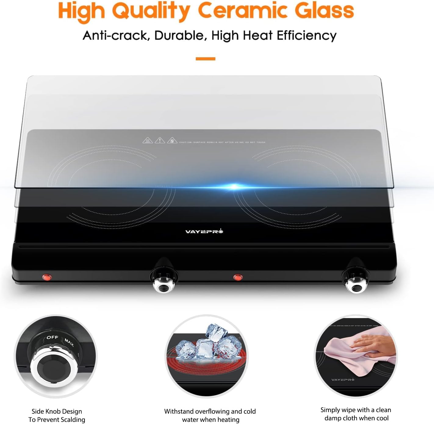 Infrared Double Burner Electric Cooktop, 1800W Portable Electric Stove, 2 Burner Countertop Cooktop for Dorm, Works with Most Cookware