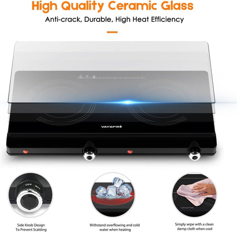 Infrared Double Burner Electric Cooktop, 1800W Portable Electric Stove, 2 Burner Countertop Cooktop for Dorm, Works with Most Cookware