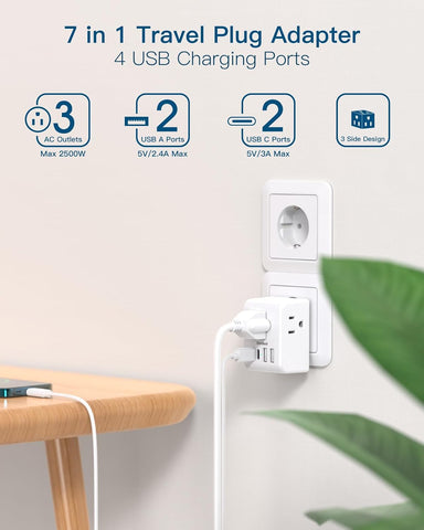 European Travel Plug Adapter with 3 Outlets 4 USB Charging Ports(2 USB C)