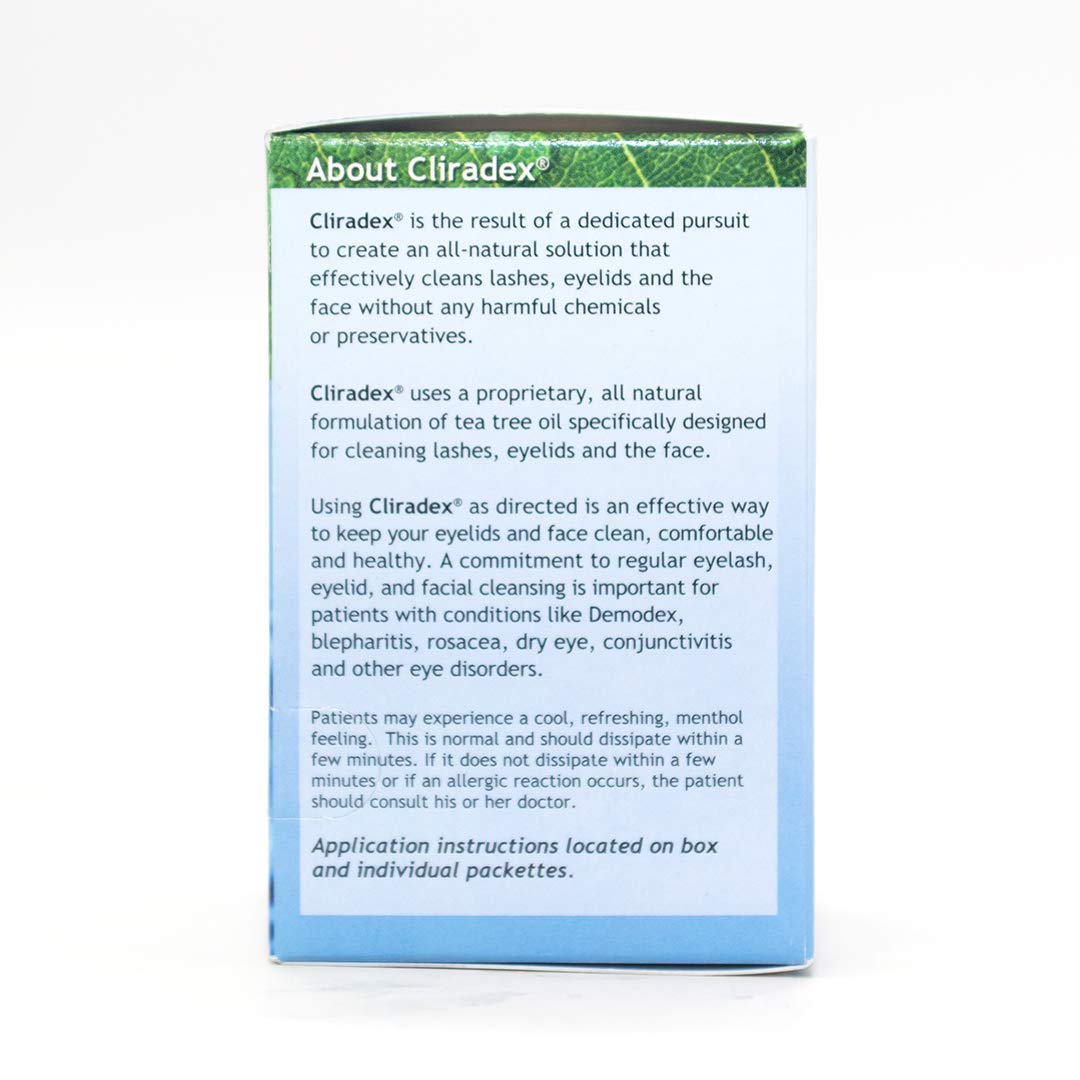 Cliradex Towelettes - Natural Face, Eyelash & Eyelid Cleanser - Wipes for Demodex, Blepharitis, Mgd and Red Irritated Eye Lid - Tea Tree Oil Extract.