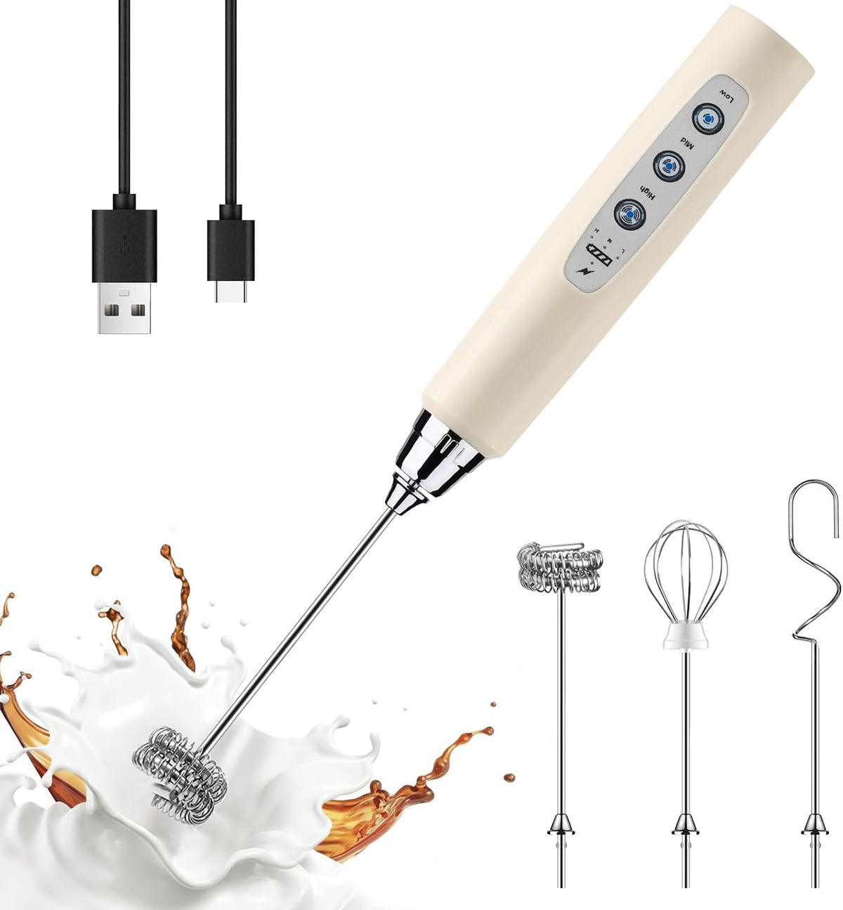 YUSWKO Handheld Milk Frother Wand for Coffee, Rechargeable Electric Whisk with 3 Heads 3 Speeds Drink Mixer Coffee Frother For Latte, Cappuccino, Hot Chocolate, Egg, Beige