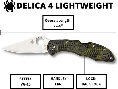 Spyderco Delica 4 Lightweight 7.15" Signature Folding Knife with 2.90" Flat-Ground Steel Blade and High-Strength FRN Handle - PlainEdge Grind