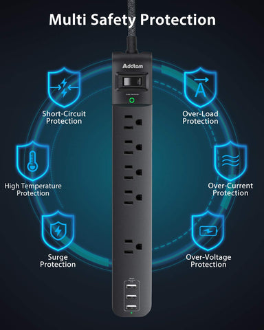 2 Pack Power Strip Surge Protector - 5 Widely Spaced Outlets 3 USB Charging Ports, 1875W/15A with 6Ft Braided Extension Cord, Flat Plug, Overload Surge Protection, Wall Mount for Home Office