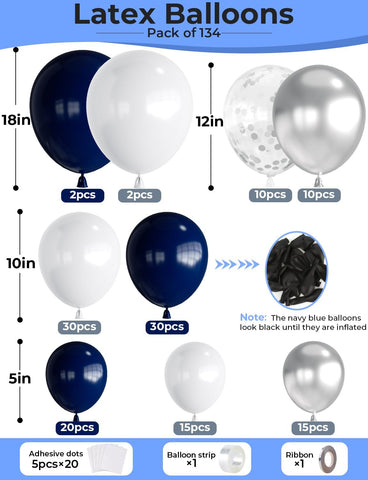 Navy Blue and Silver Balloon Garland Arch Kit, 134 Pcs Birthday Party Decor