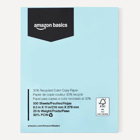 Amazon Basics 30% Recycled Color Copy Paper, 8.5" x 11", 20lb, Pastel Blue, 500 Sheets