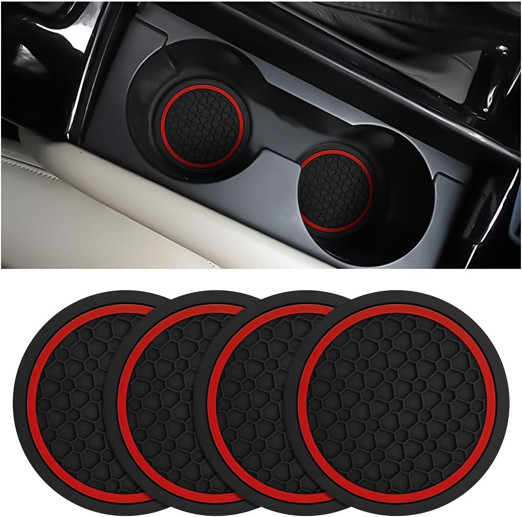 Mandark 4PCS 2.75 Inch Car Cup Holder Coasters, Non-Slip, Black/Red