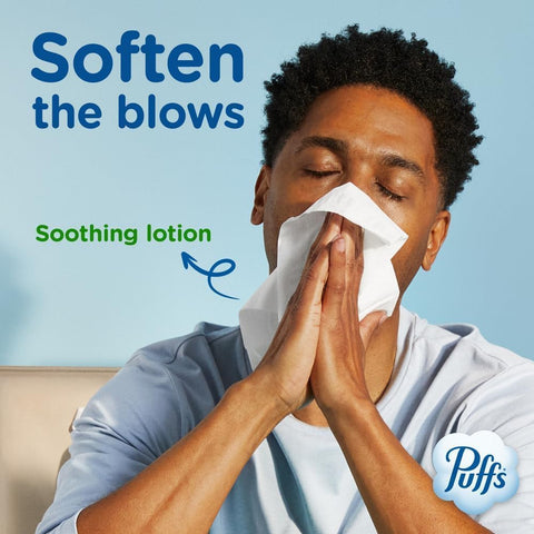 Puffs Facial Tissues Plus Lotion, 24 Family Rectangle Boxes, 124 Facial Tissues per Box, Allergies and Colds (Packaging May Vary)