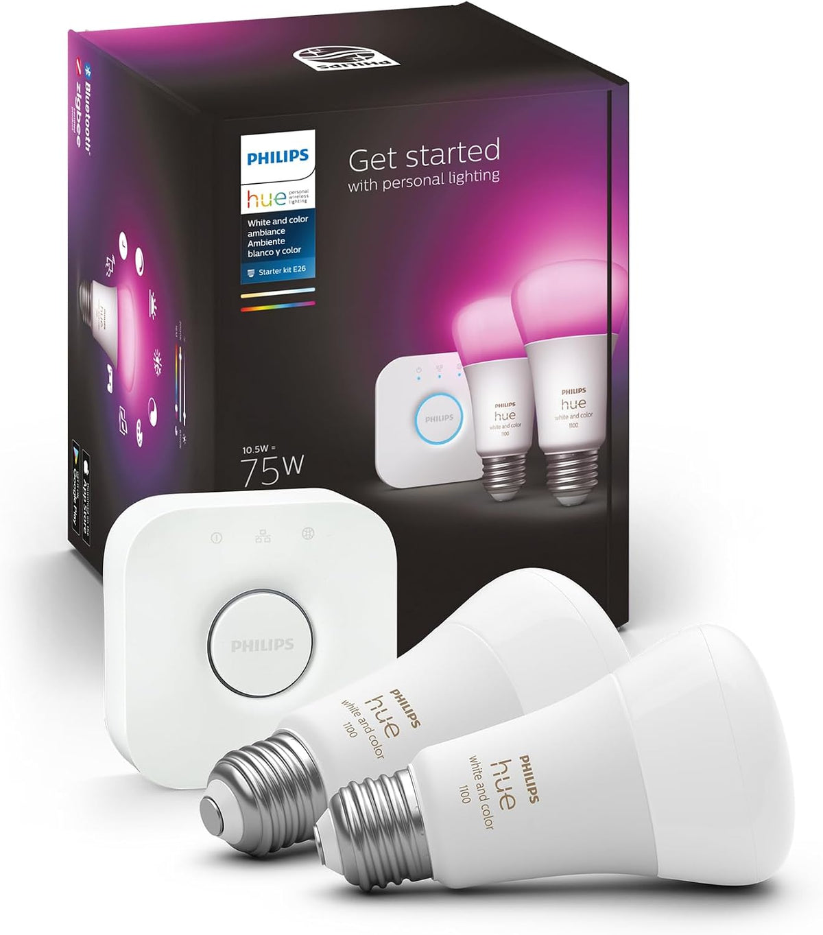Philips Hue Smart Light Bulbs Starter Kit, Includes (1) Bridge, (2) 75W A19 Bulbs, White and Color Ambiance LED Color Changing Lights, 1100LM, E26, Control with App or Voice Assistant