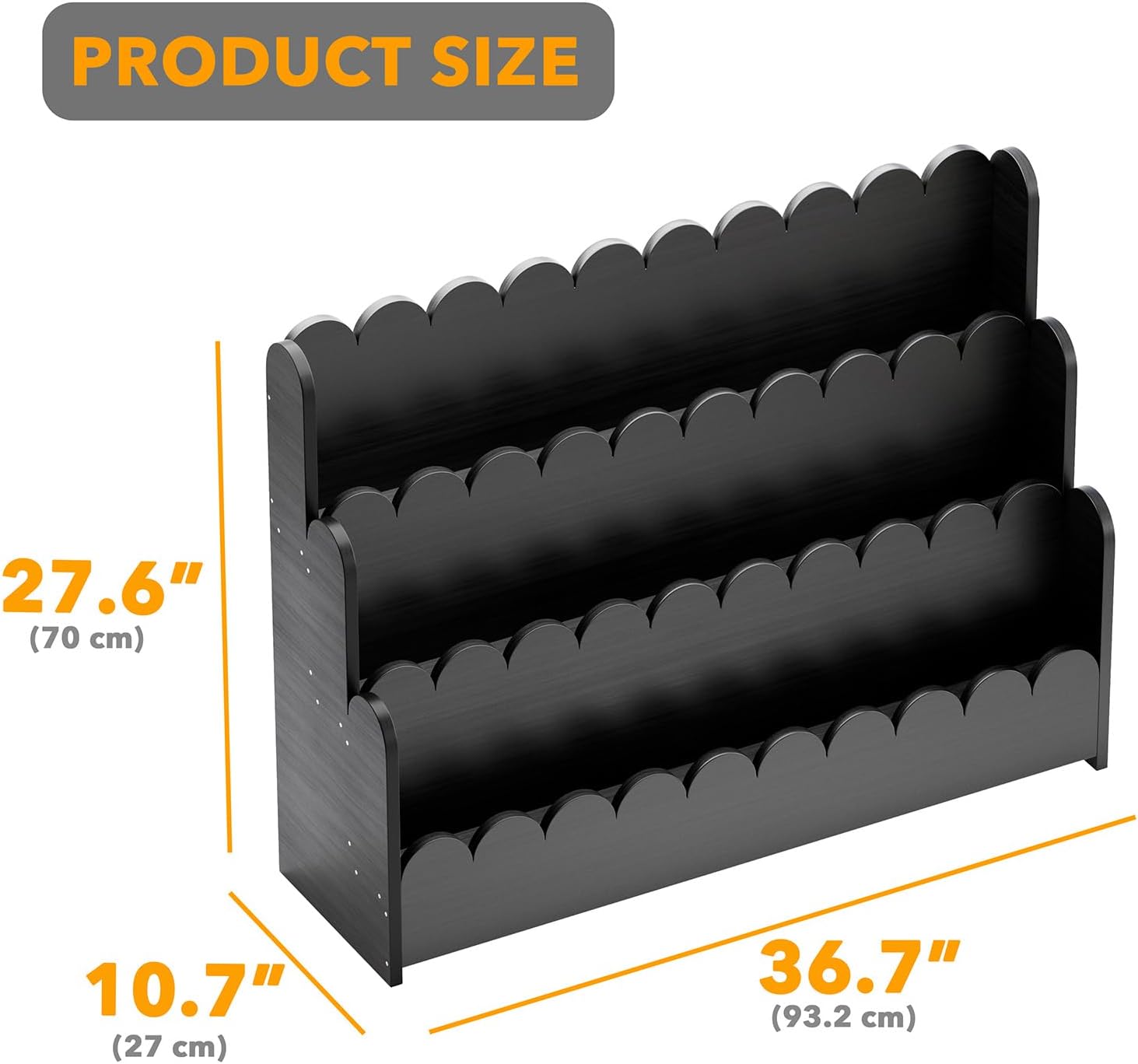 SpaceAid 3-Tier Scalloped Bookshelf, Montessori Bookcase for Toddlers, Wooden Book Shelf Organizer Display Furniture for Kids Rooms, Playroom, Nursery and Classroom, 36.7“ Wide, Black