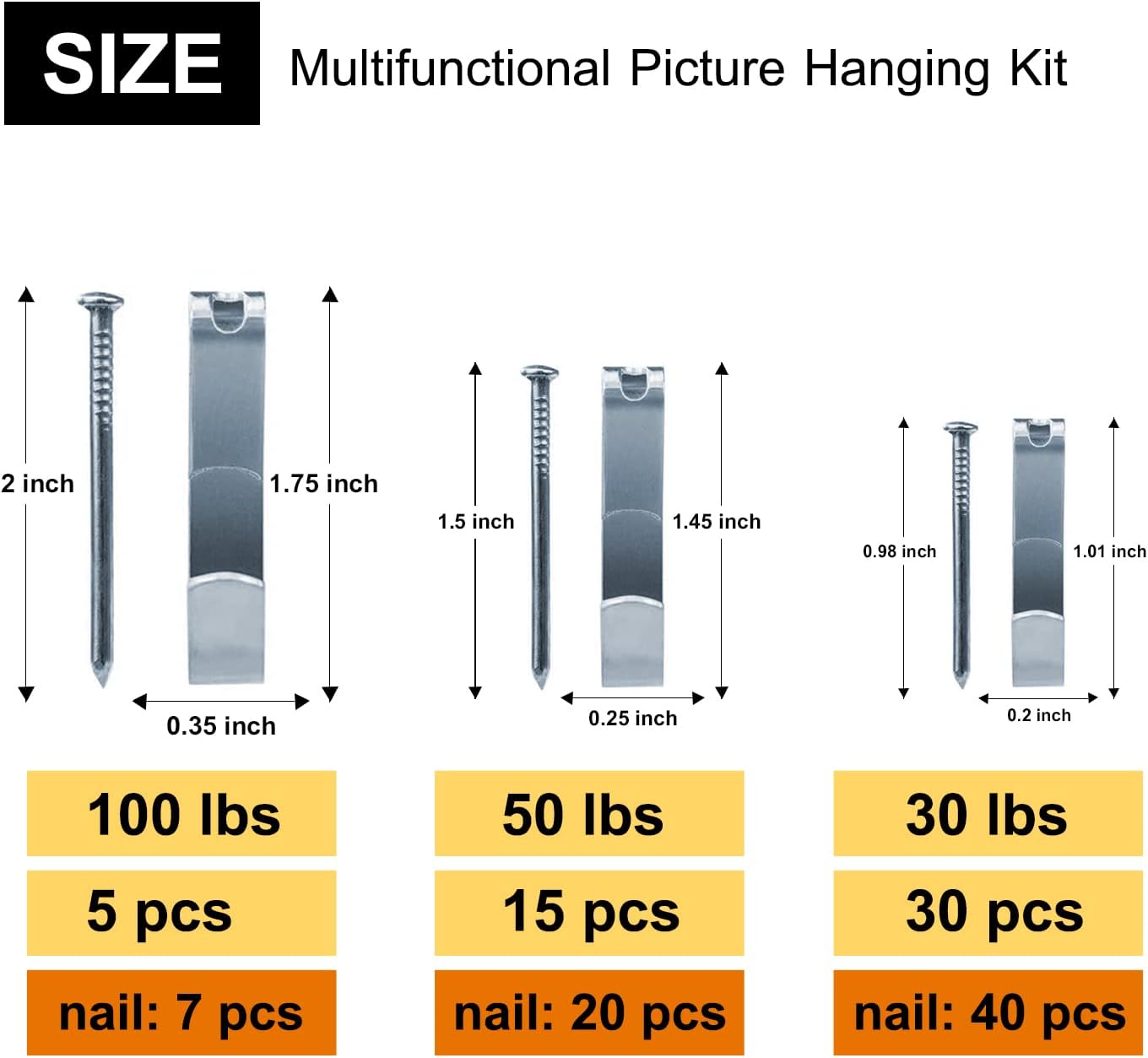 117Pcs Picture Hangers, 3 Size Picture Hooks Including 30/50/100lbs, Picture Hanging Kit, Professional Plaster Picture Hanging Kit for Wooden Wall or Drywall(50 Hangers+ 67 Nails)