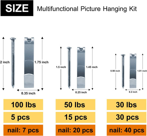117Pcs Picture Hangers, 3 Size Picture Hooks Including 30/50/100lbs, Picture Hanging Kit, Professional Plaster Picture Hanging Kit for Wooden Wall or Drywall(50 Hangers+ 67 Nails)
