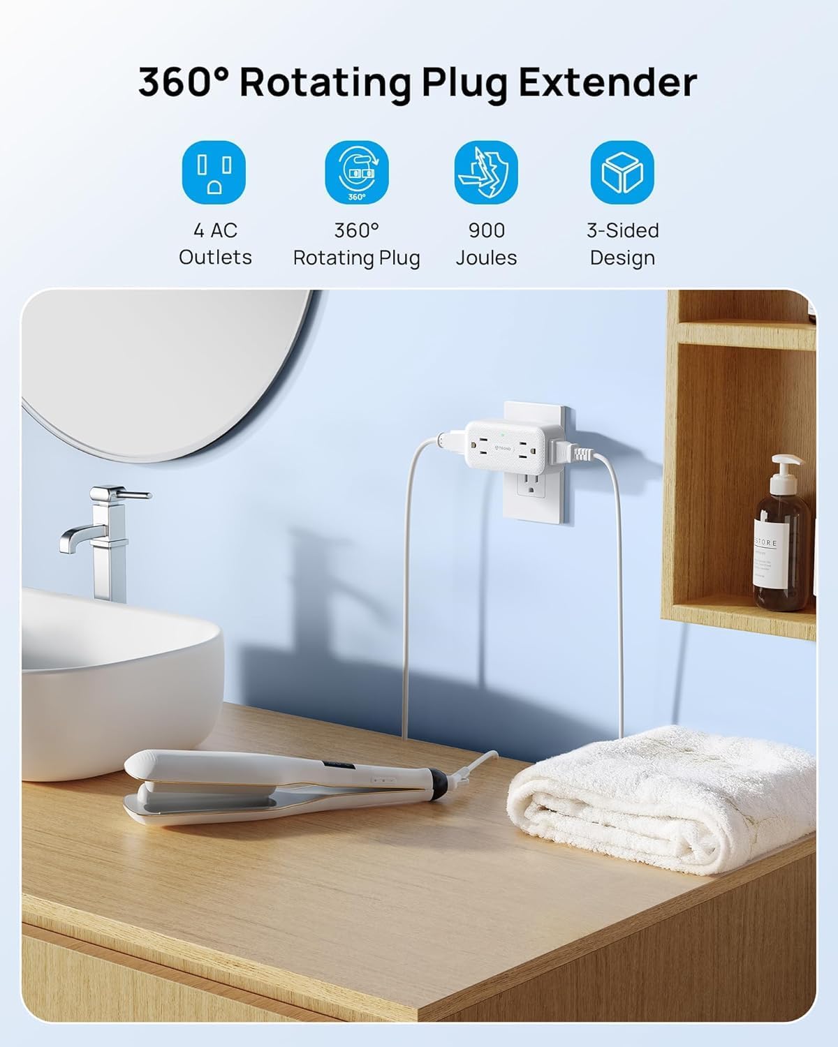 TROND Surge Protector Outlet Extender with 360 Rotating Plug, White