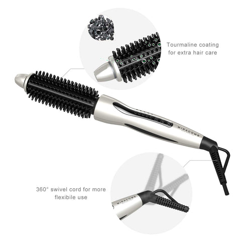 MIRACOMB Hair Curler Straightening Brush - Ceramic Tourmaline Flat Curling Iron - Cool Touch Round Brush PRO Multi Styler with 5 Heat Adjustments, 1 Inch Barrel, White (Enhanced)
