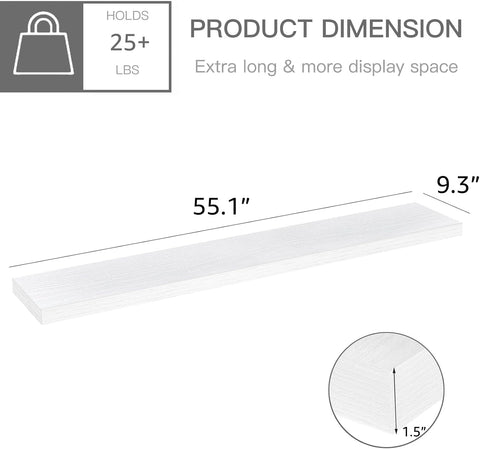 QEEIG Floating Shelves for Wall 55.1" Extra Long - Wall Mounted Shelf Bathroom Kitchen Living Room Bedroom Farmhouse Home Decor Display Bookshelf Large 55.1 x 9.3 inch Set of 2, White (008-140W)