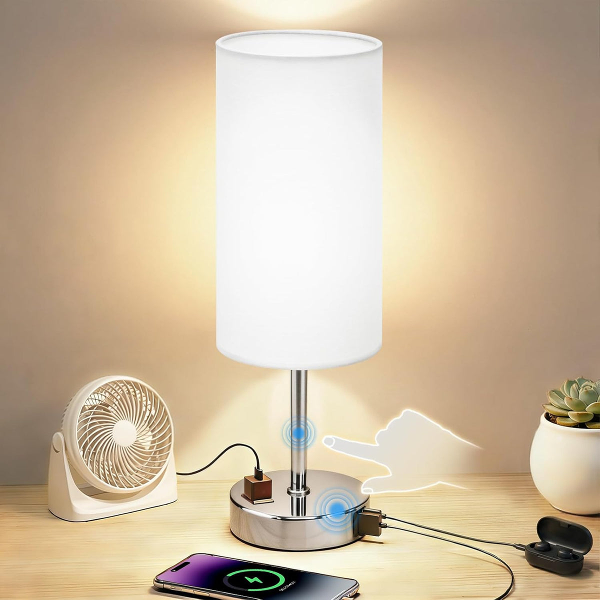 Table Lamp, Dimmable Touch, AC Outlet, USB A+C (White&Silver)