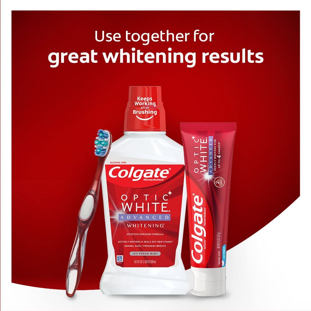 Colgate Optic White Advanced Hydrogen Peroxide Toothpaste, Teeth Whitening Toothpaste Pack, Enamel-Safe Formula, Helps Remove Tea, Coffee, and Wine Stains, Sparkling White, 3 Pack, 3.2 oz