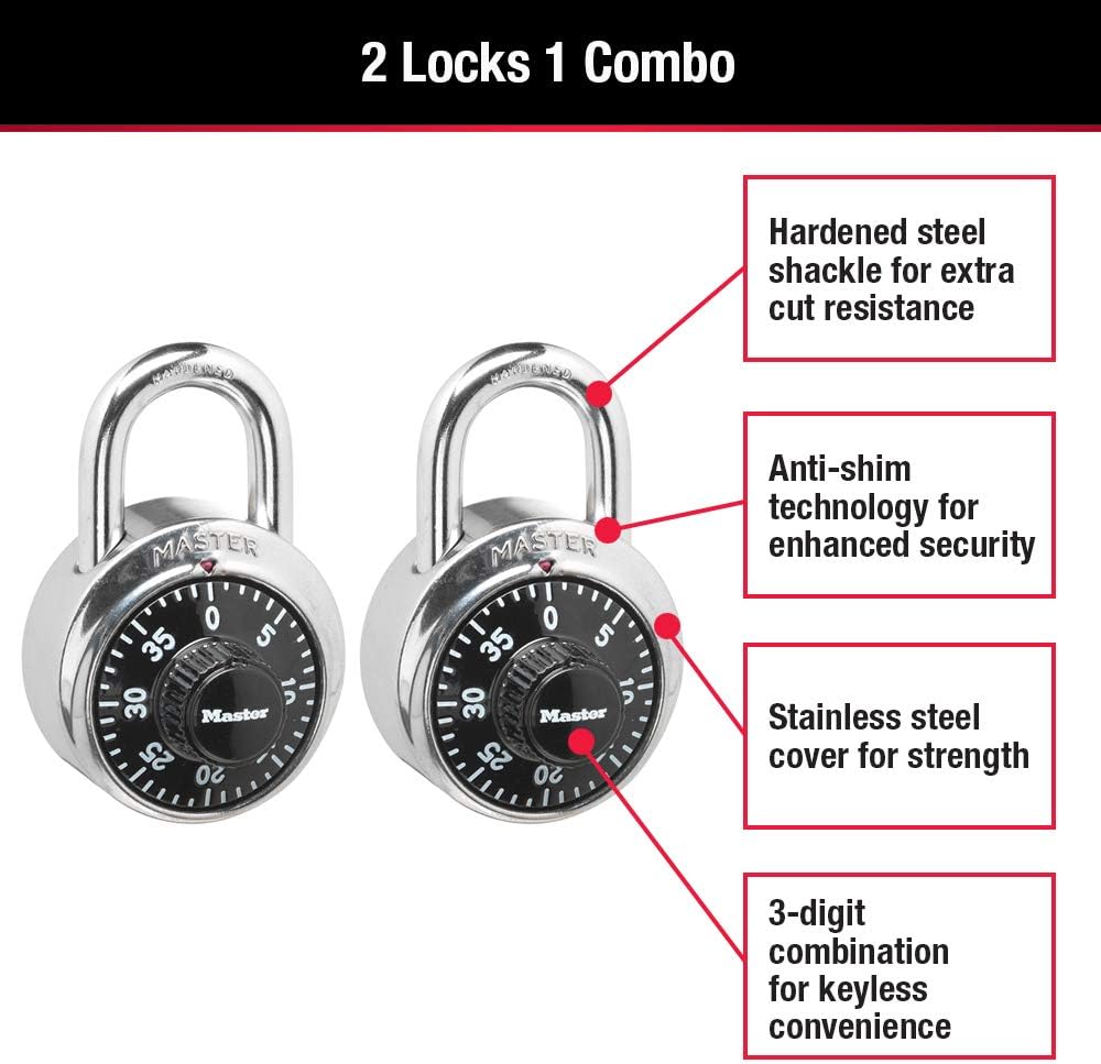 Master Lock Combination Padlock Black School Lock, Indoor Lock 2-Pack 1500T