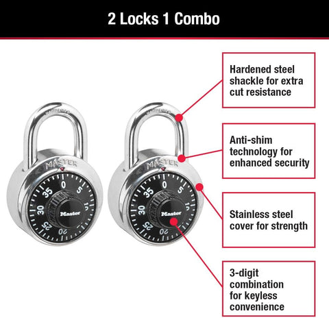 Master Lock Combination Padlock Black School Lock, Indoor Lock 2-Pack 1500T