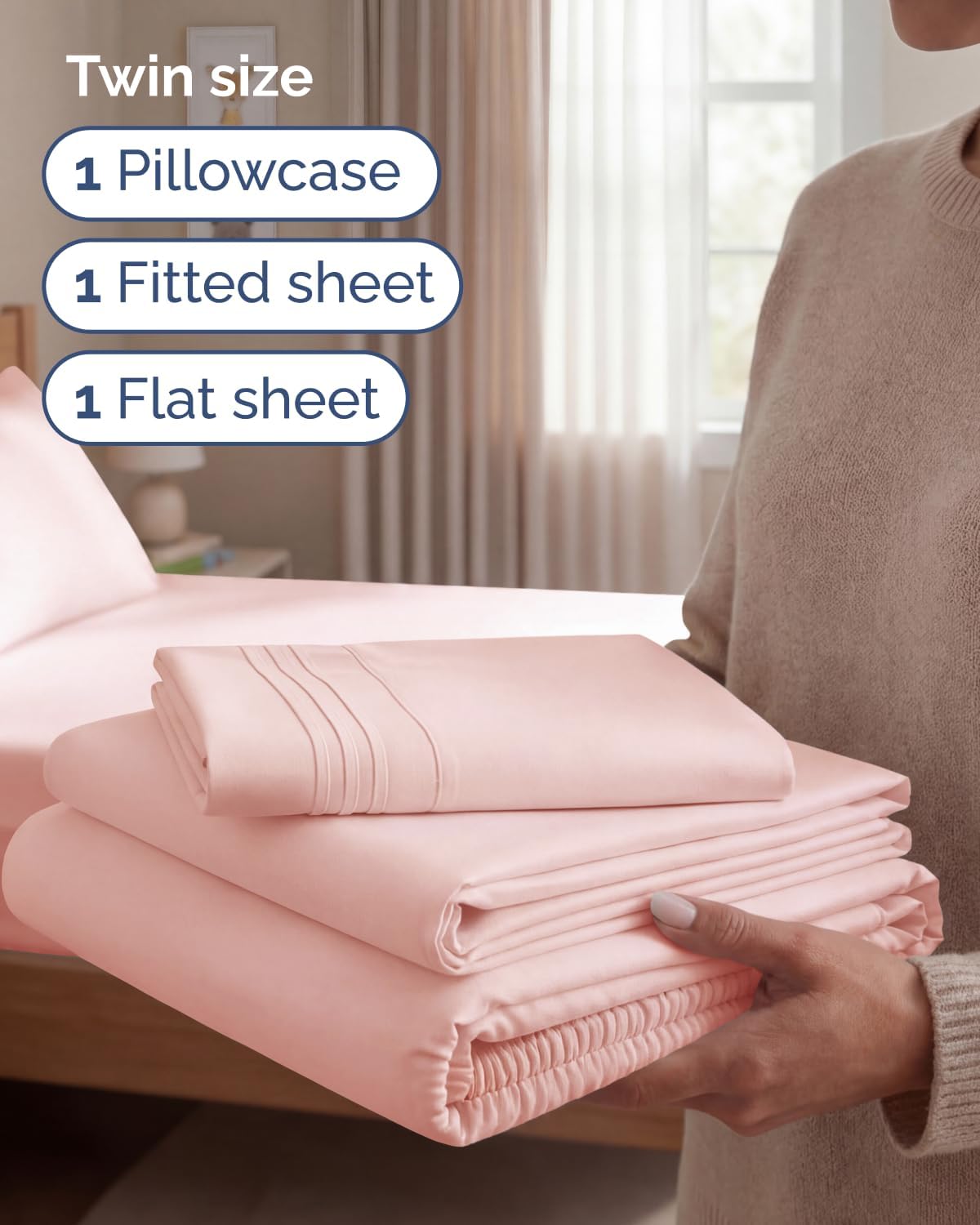 Twin Size 3 Piece Sheet Set - Comfy Breathable & Cooling Sheets - Baby Pink