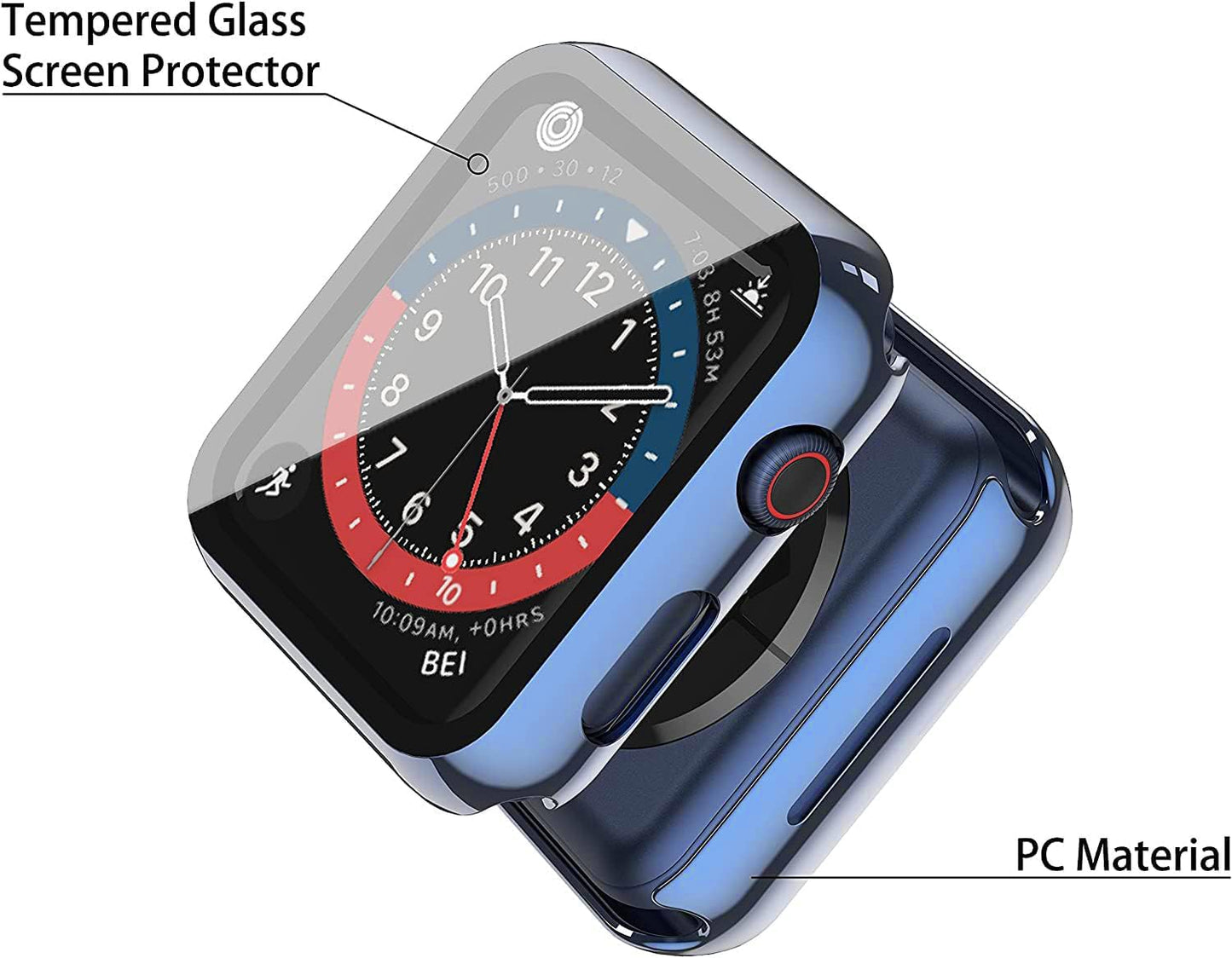 Misxi 2 Pack Hard PC Case with Tempered Glass Screen Protector Compatible with Apple Watch Series 6 SE Series 5 Series 4 44mm, 1 Blue + 1 Transparent