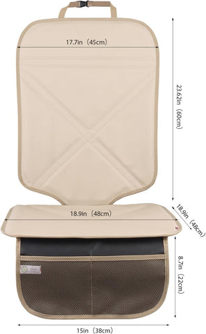 Viaviat Car Seat Protector Leather Waterproof Child Safety Seat Protector Cover with Thick Pad and 2 Large Pockets Durable Kick Mat for All Auto Seat (Beige)