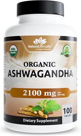 NaturaLife Labs Organic Ashwagandha 2100 mg per Serving – Full Spectrum Root Powder and Standardized Extract (Withanolides) – 100 Capsules – Vegan – Non-GMO, Gluten-Free