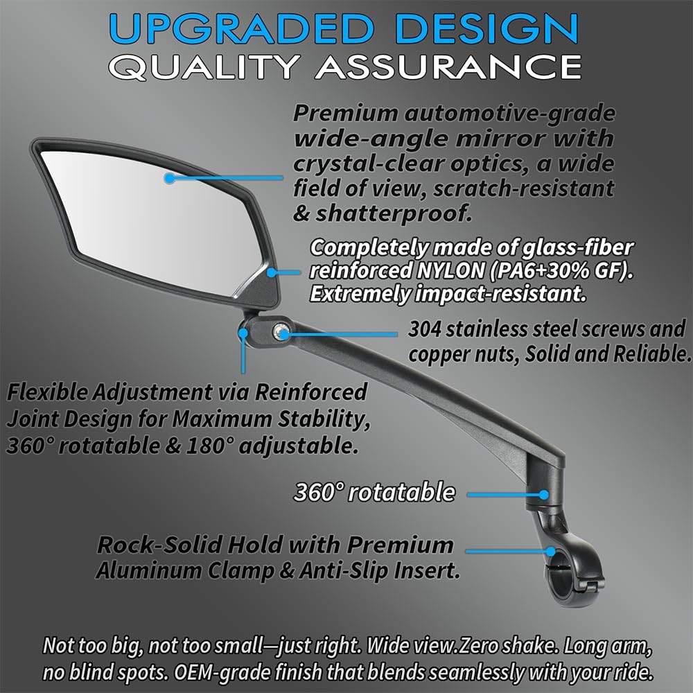 BriskMore Handlebar Bike Mirror - Crystal Clear HD Glass, 360° Adjustable&Foldable Mirror for Safe Riding, Wide Angle Rearview for E-Bikes, Mountain Bikes & Scooters,Bicycle Mirror