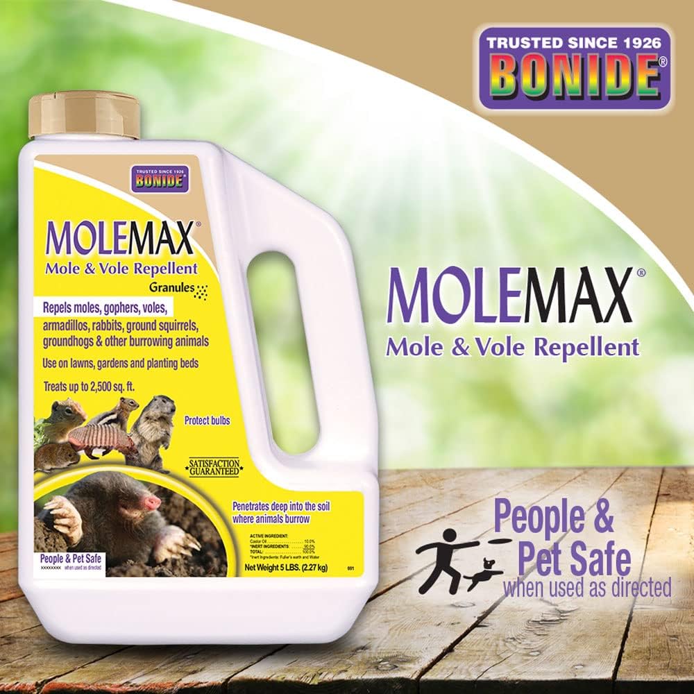 Bonide MOLEMAX Mole & Vole Repellent Granules, 5 lbs. Ready-to-Use, Outdoor Lawn & Garden Mole Control, People & Pet Safe
