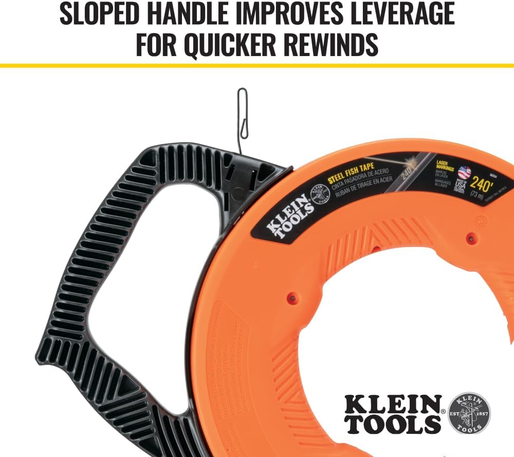 Klein Tools 56334 Electrical Fish Tape, Steel Wire Puller with Double Loop Tip, Optimized Housing and Handle for Heavy Duty Wire Pulls, 240-Foot