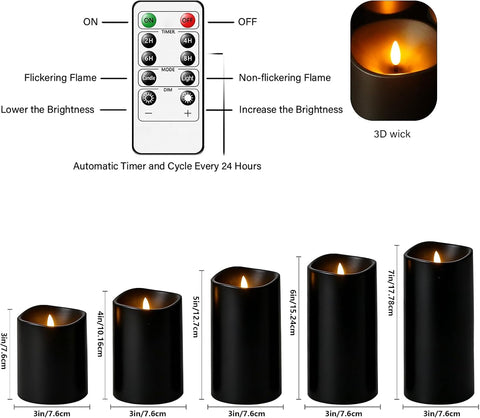 kakoya Flameless Candles with Remote Control and Timer,Flickering Battery Operated LED Pillar Candles Plastic Set of 5(D 3" x H 3" 4" 5" 6" 7") Black