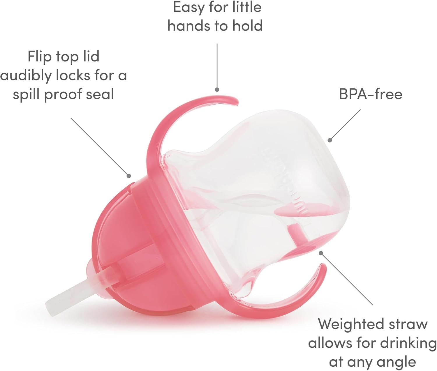 Munchkin Sippy Cup, 7 Ounce, 2 Pack | Weighted Straw | For 6+ Months | Pink | Transition Handles