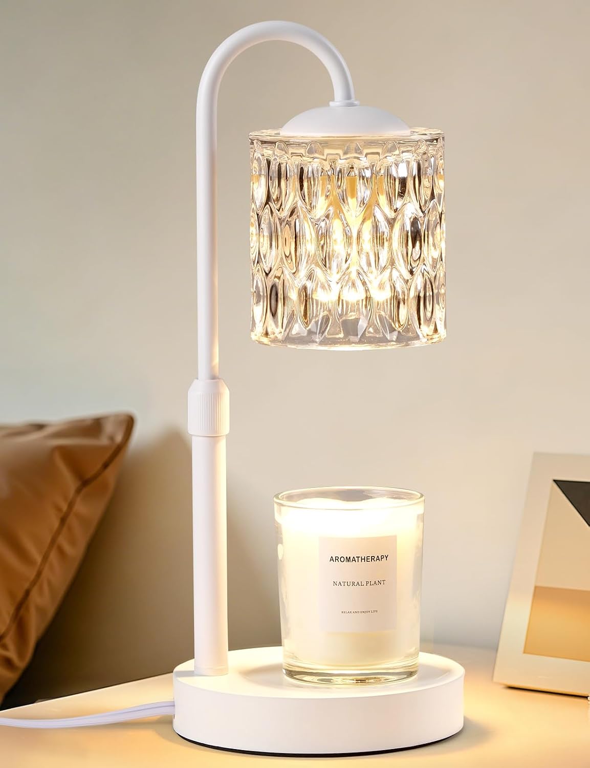 Briever Dimmable Candle Warmer Lamp with Timer, Height Adjustable Electric Candle Wax Warmer, Birthday Gifts for Women Mom, House Warming Gifts New Home Decor, Solid Wood Base, White Clear