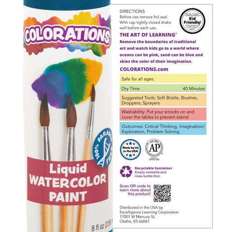 Colorations PLWS Liquid Watercolor Paint, 8 fl oz, Set of 8, Non-Toxic, Painting, Kids, Craft, Hobby, Fun, Water Color, Posters, Cool effects, Versatile, Gift