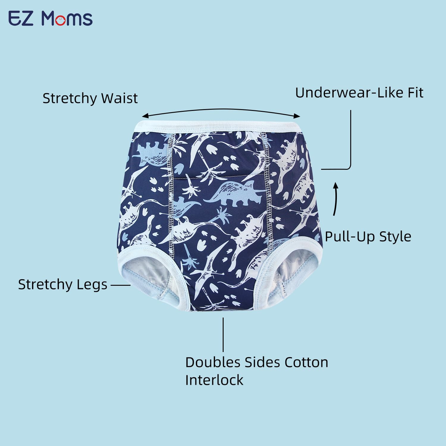 EZ Moms 10 Packs High Waist Potty Training Underwear for Boys Double Absorption Toddler Training Pants 3T-4T Reusable Dinosaur Toddler Underwear Boys 3T Kid Confident Pee Pants with a Laundry Bag