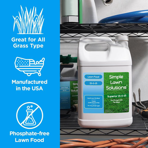 Superior 15-0-15 Liquid Lawn Fertilizer - Lawn Food for Growth & Green - Nitrogen, Potassium, Humic, Fish & Seaweed - Any Grass Type- Simple Lawn Solutions - All Season- Concentrate (1 Gallon)