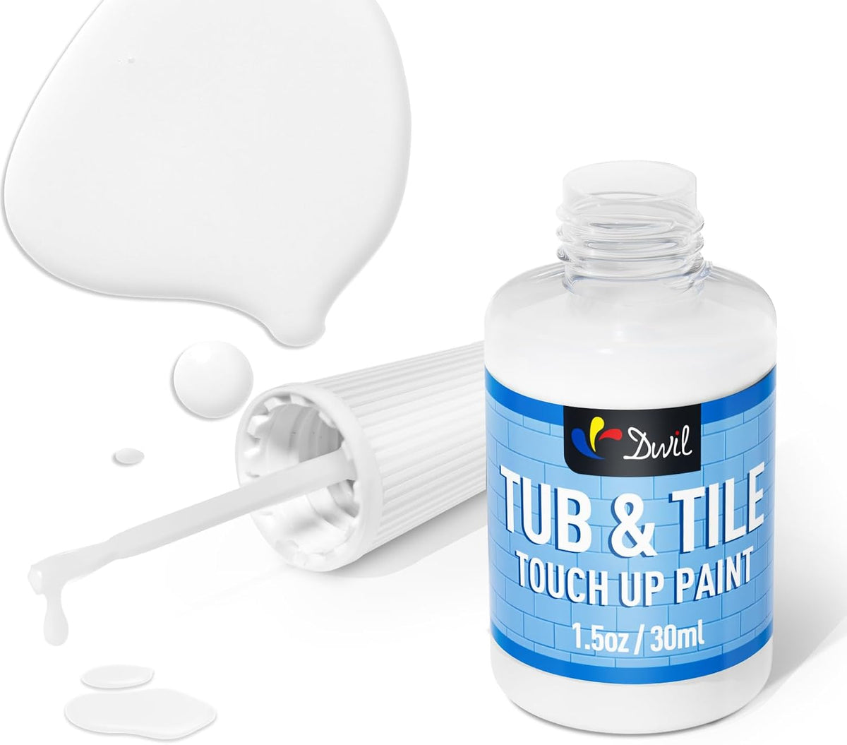DWIL Tub and Tile Paint, White Touch Up Paint for Porcelain, Scratches, Cracks and Spots on Tile, Porcelain Repair Kit for Bathtub, Sinks, Enamel and Toilets, 1.5 Fl Oz(White)