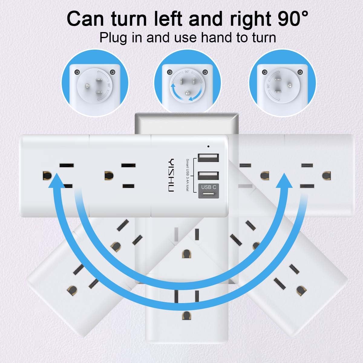 USB Multi Plug Outlet Extender - YISHU Surge Protector with Rotating Plug, 6 AC Plug Extender with 3 USB Ports, 3-Sided Swivel Power Strip Best Ideal Stocking Stuffers for Adults