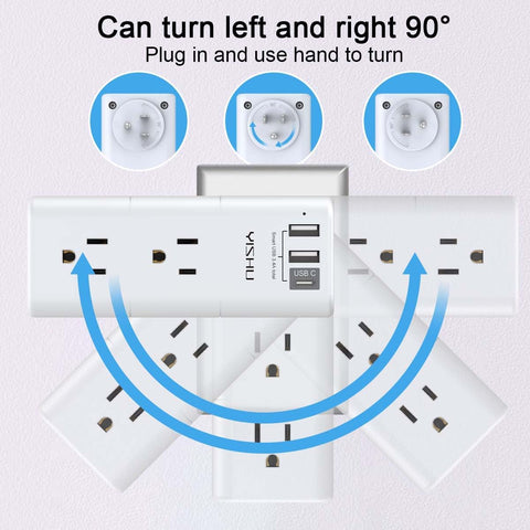 USB Multi Plug Outlet Extender - YISHU Surge Protector with Rotating Plug, 6 AC Plug Extender with 3 USB Ports, 3-Sided Swivel Power Strip Best Ideal Stocking Stuffers for Adults