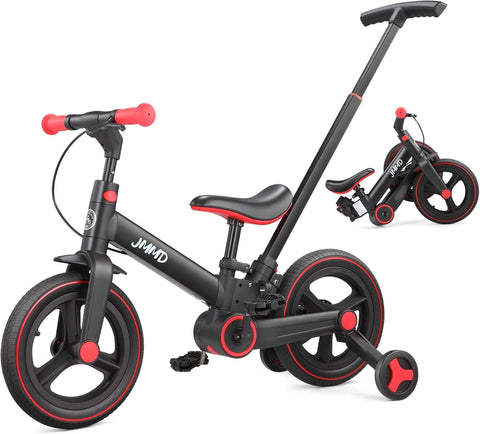 JMMD 6 in 1 Toddler Bike with Push Handle for Kids 18-60 Months, 12" Foldable Balance Bike with Training Wheels, Pedals, Brakes, Kickstand, Push Tricycle Toddler Gift & Toys for Boy & Girl