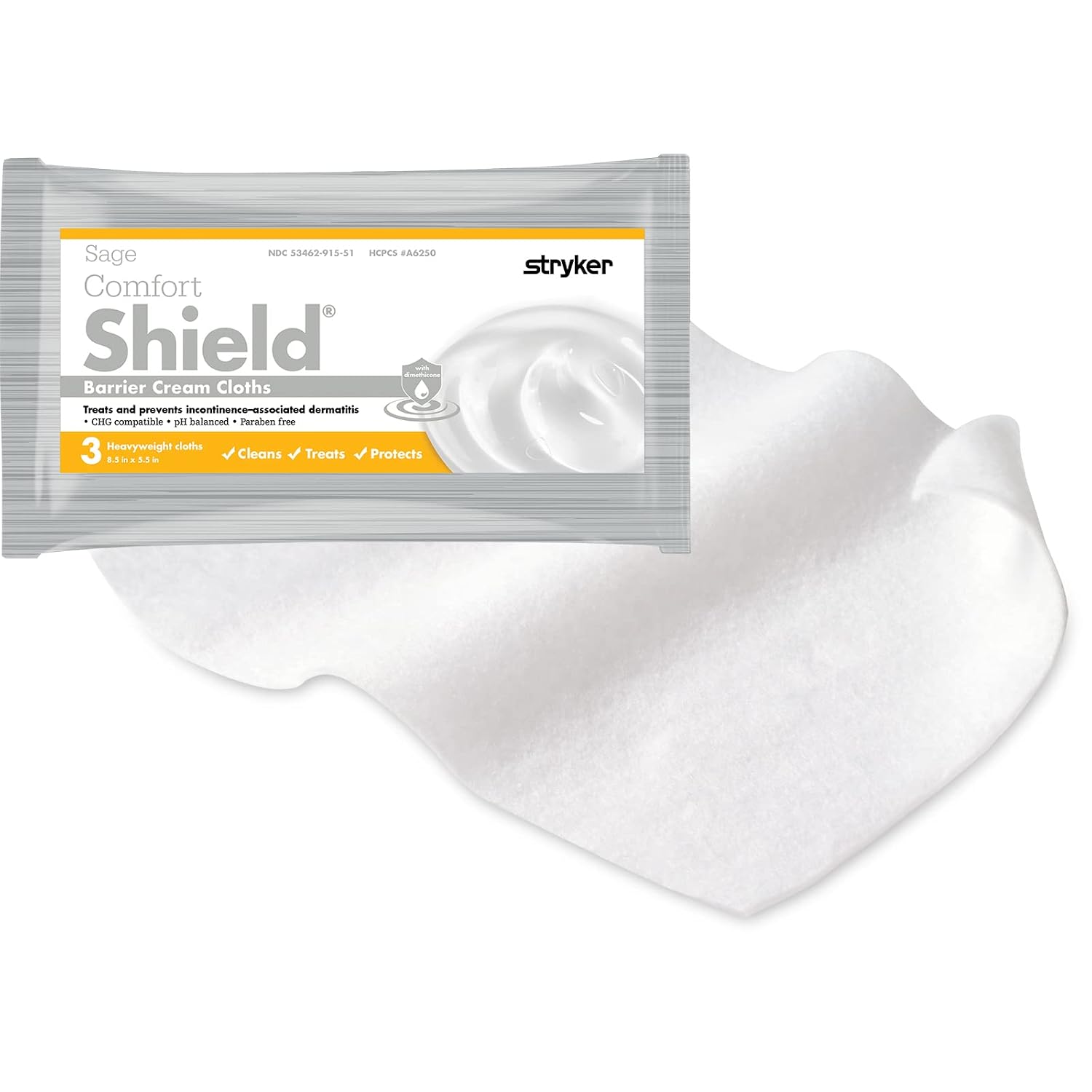Stryker - Sage Comfort Shield Barrier Cream Cloths with Dimethicone - 50 Packages, 150 Cloths – One-step Wipes Clean, Treat and Protect Skin from Incontinence Irritation, Hypoallergenic