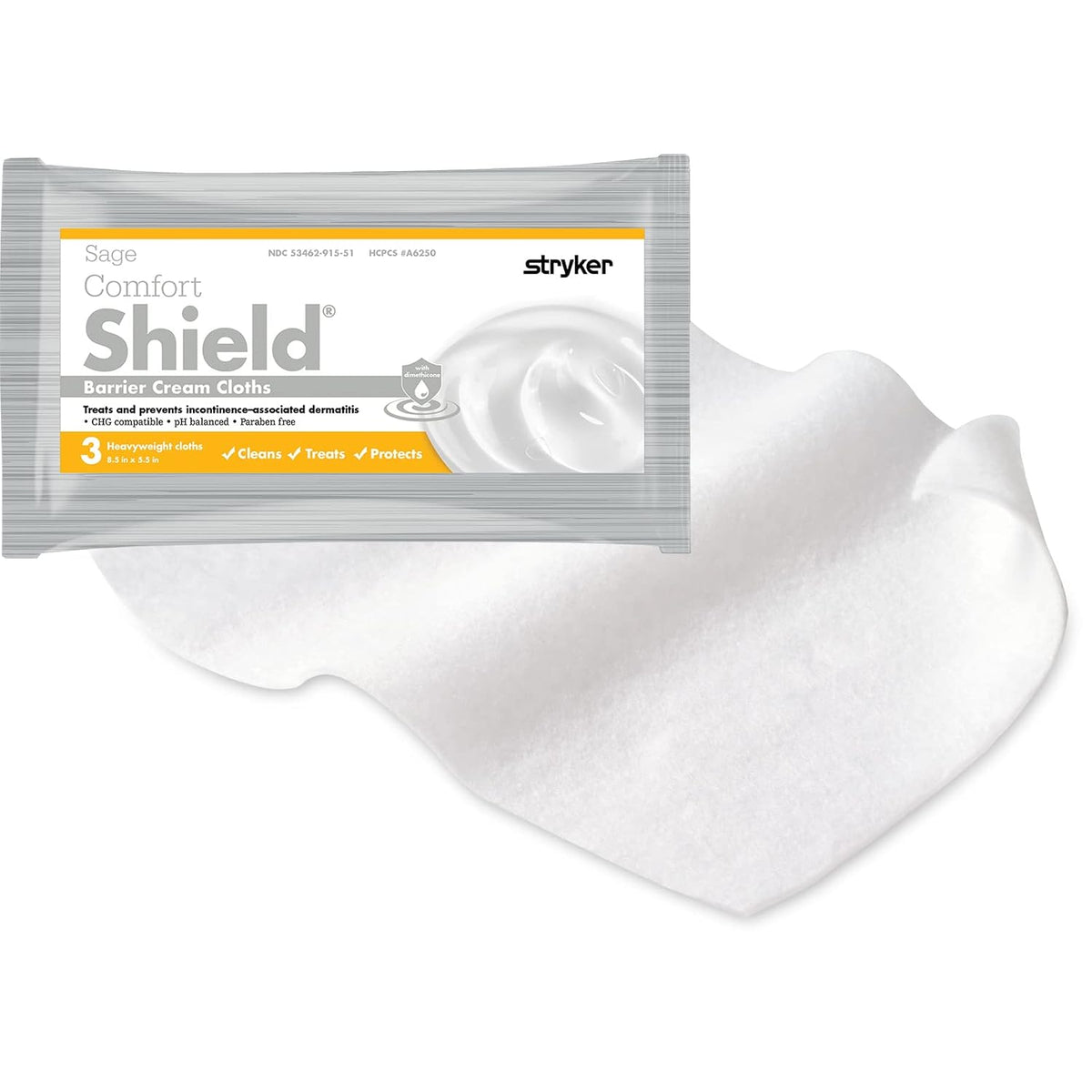 Stryker - Sage Comfort Shield Barrier Cream Cloths with Dimethicone - 50 Packages, 150 Cloths – One-step Wipes Clean, Treat and Protect Skin from Incontinence Irritation, Hypoallergenic