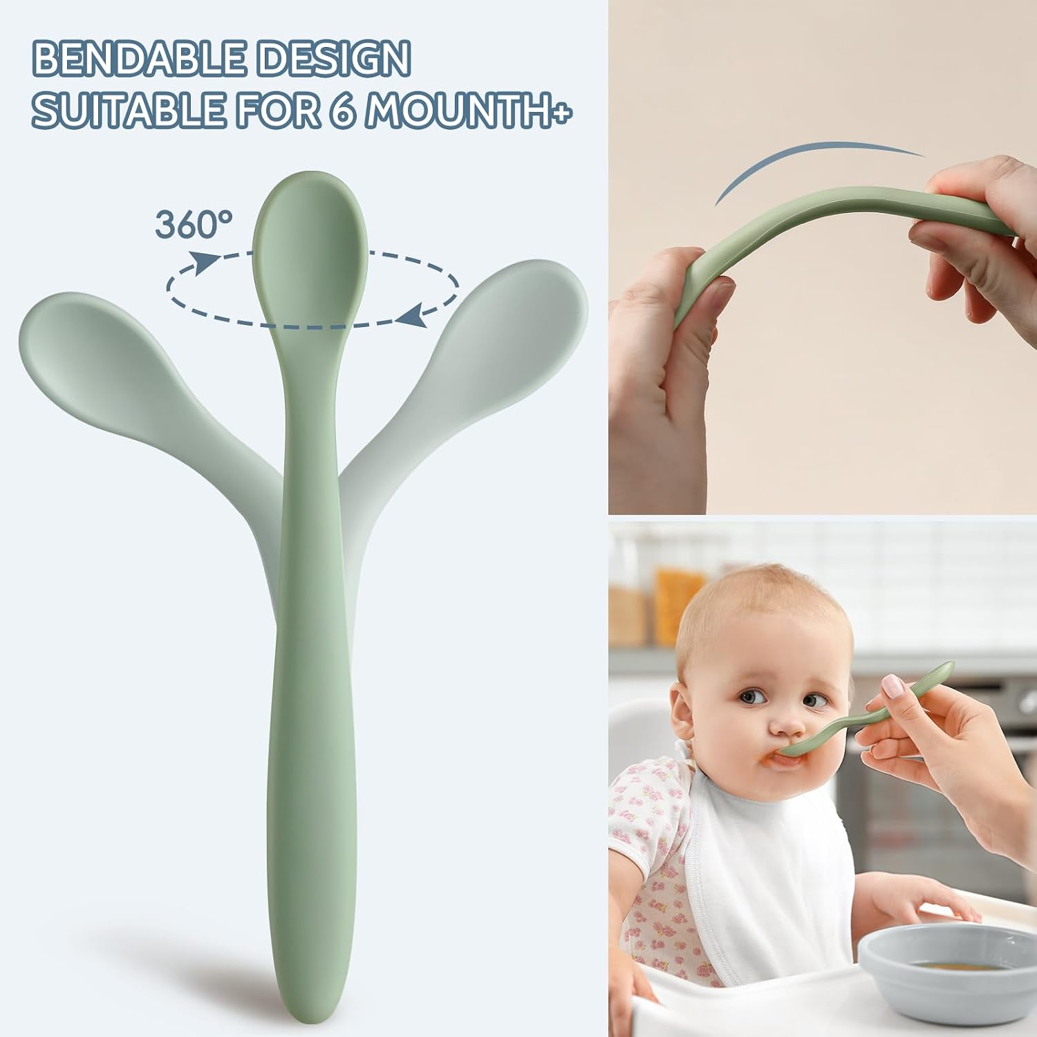 6 Piece Silicone Baby Feeding Spoons, First Stage Infant Soft-Tip Easy on Gums, Training Spoon Self-feeding, Utensils Supplies, Dishwasher & Boil-proof - Blue